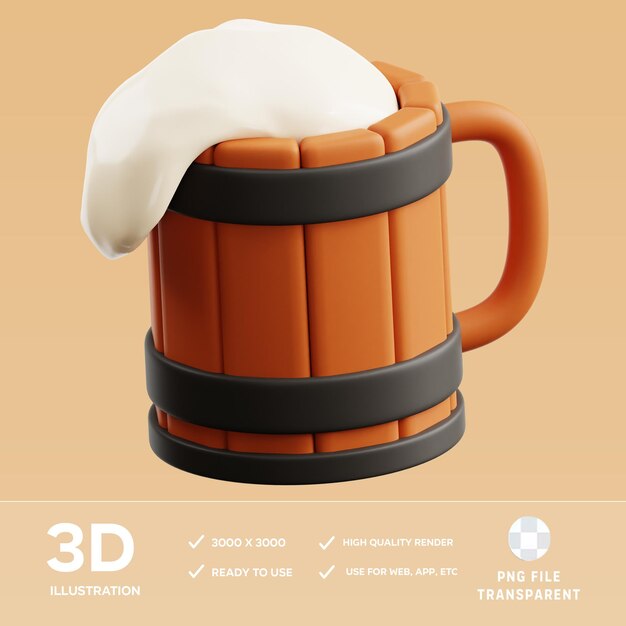 Ilustração 3D de copo de cerveja de madeira PSD