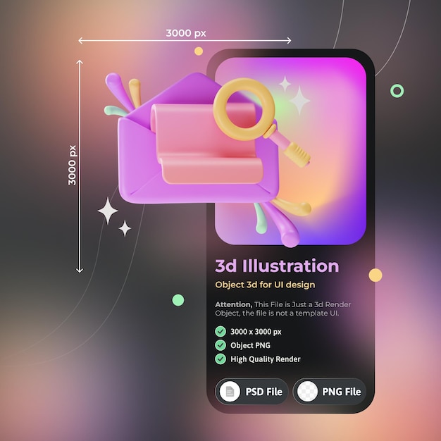 PSD ilustração 3d de correio de pesquisa de interface do usuário de elemento de objeto