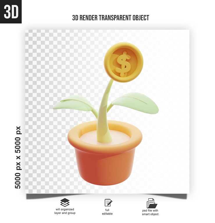 PSD ilustração 3d de crescimento de negócios com árvore e moeda investimento e financeiro