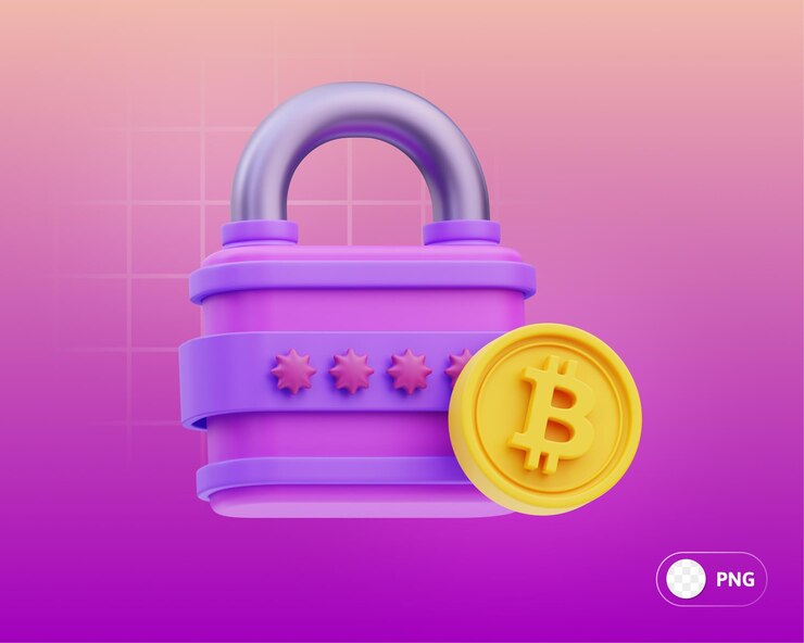 PSD ilustração 3d de criptomoeda bitcoin de bloqueio de segurança