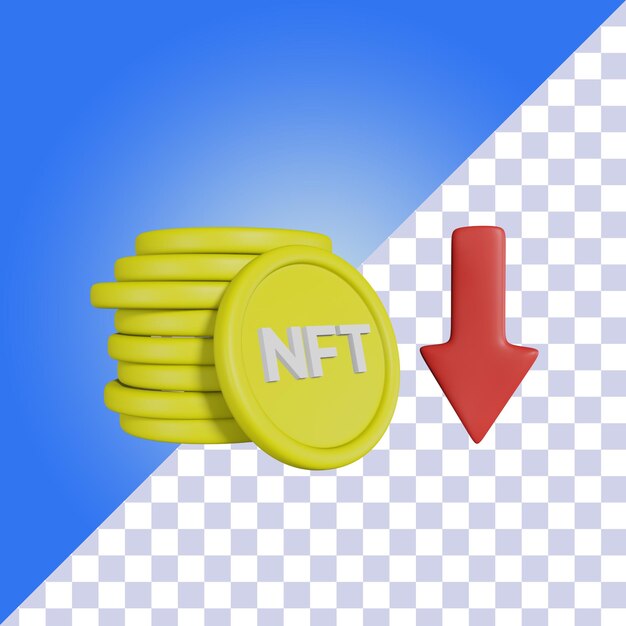 Ilustração 3D de criptomoeda com seta vermelha para baixo