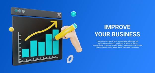PSD ilustração 3d de diagrama ou gráfico na web com a mão segurando um lápis