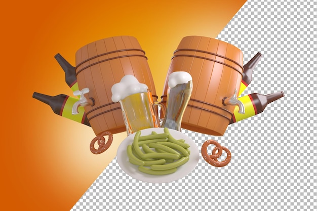 ilustração 3D de elementos oktoberfest com prato, salsichas, barris, cerveja, doces, licor, Alemanha