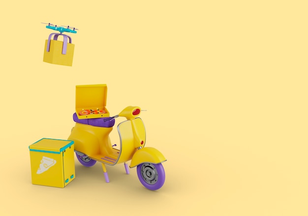 Ilustração 3d de entrega com scooter e bolsa com drone