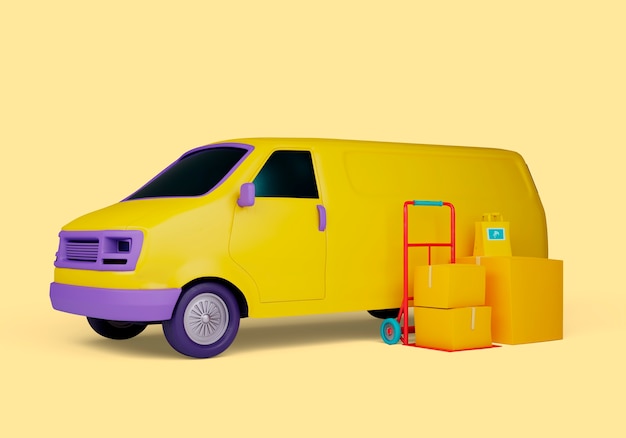 Ilustração 3d de entrega com van e caixas