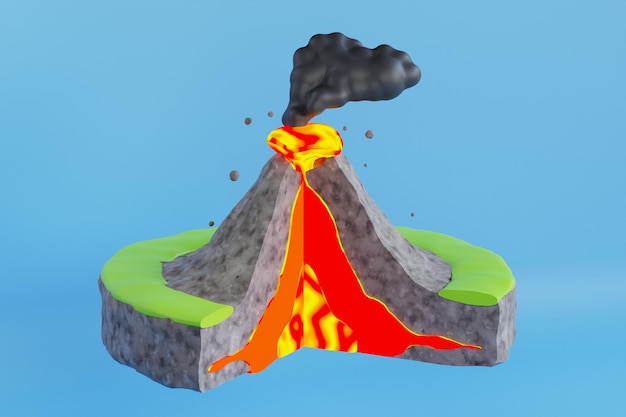 Ilustração 3d de erupção vulcânica grande vulcão em erupção lava quente e gases para a atmosfera