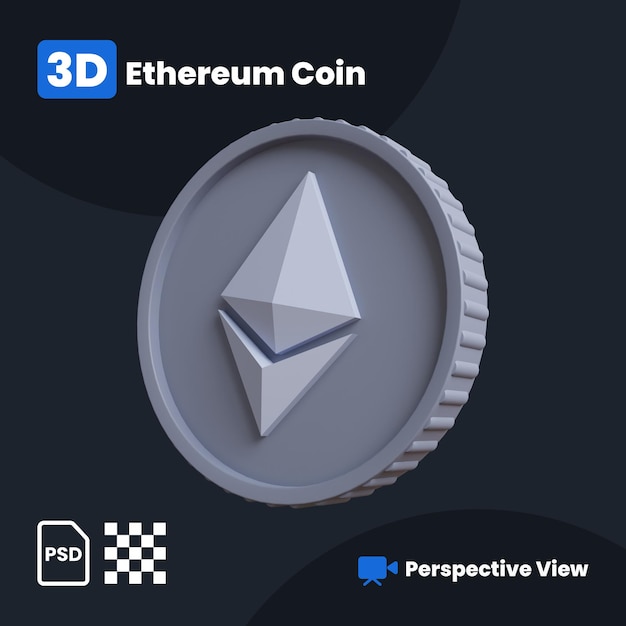 PSD ilustração 3d de ethereum coin com uma vista em perspectiva