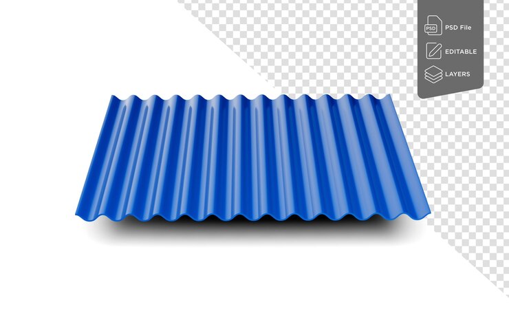 PSD ilustração 3d de ferro galvanizado ondulado metálico azul para folha de telhado em fundo branco