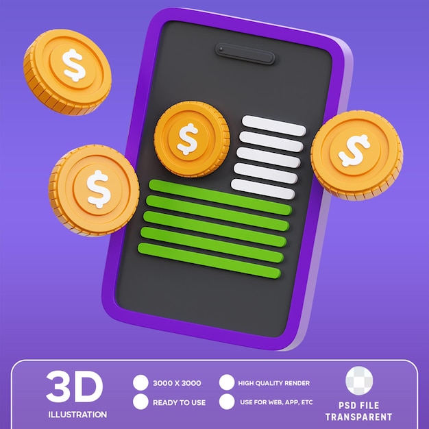 PSD ilustração 3d de finanças móveis psd