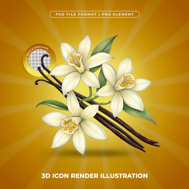 Ilustração 3D de flores e vagens de baunilha Renderização botânica realista