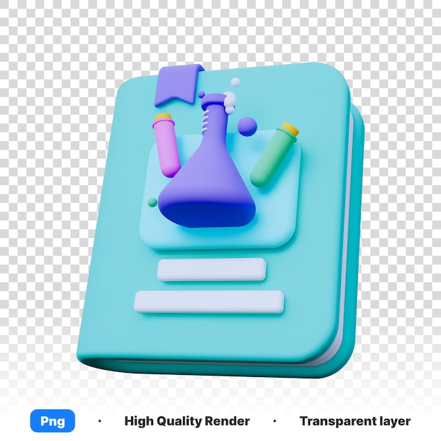 PSD ilustração 3d de fórmulas de livros de química azuis com tubo de ensaio em cima em fundo transparente