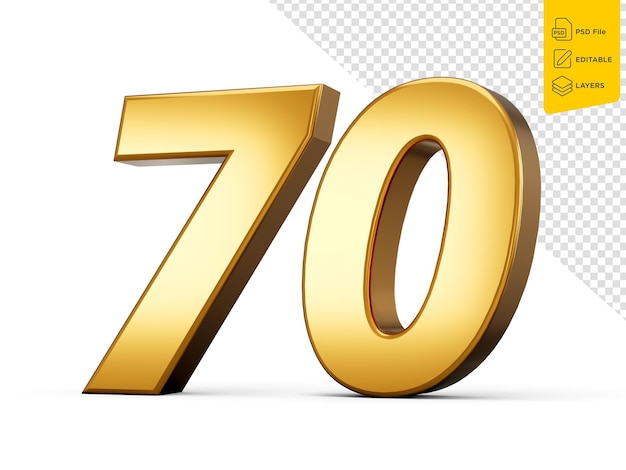 Ilustração 3d de fundo branco metálico dourado número 70 setenta