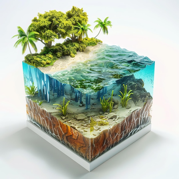 PSD ilustração 3d de fundo de viagens e férias com corte do solo e do mar azul debaixo d'água