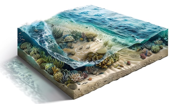 PSD ilustração 3d de fundo de viagens e férias com corte do solo e do mar azul debaixo d'água