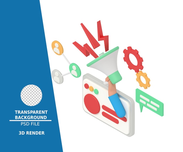 ilustração 3D de gerenciamento de marketing nas mídias sociais