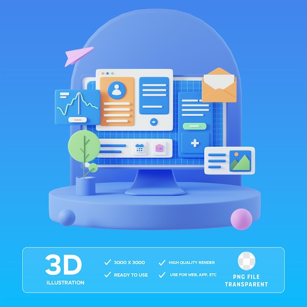 Ilustração 3D de gerenciamento de tarefas on-line do PSD