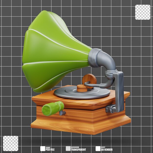 Ilustração 3D de gramfo de madeira