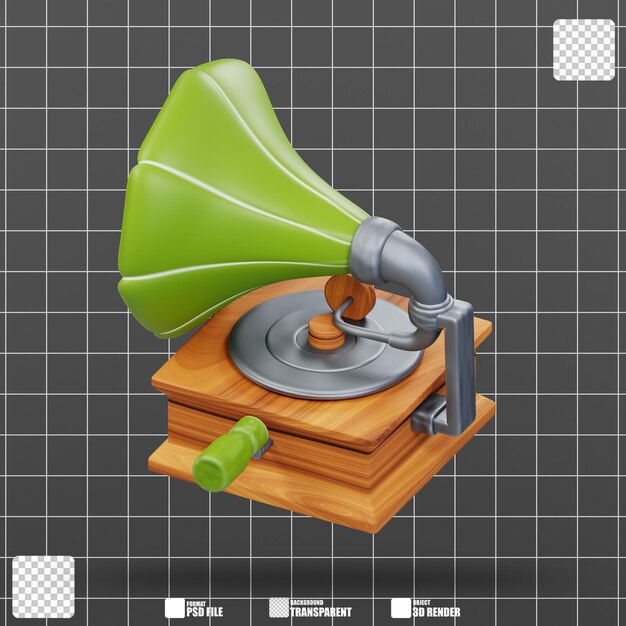Ilustração 3D de gramfo de madeira