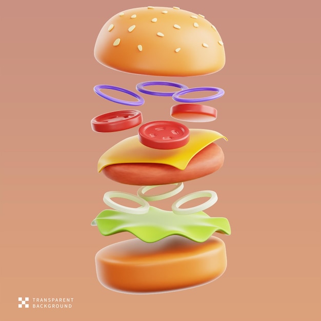 Ilustração 3D de hambúrguer flutuante PSD