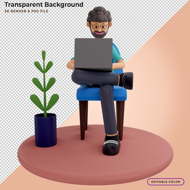 Ilustração 3D de homem com laptop sentado na poltrona