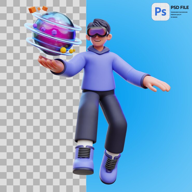 PSD ilustração 3d de homem segurando mundo virtual renderização de ícone isolado png