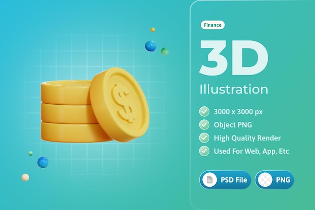 PSD ilustração 3d de ícone de finanças de moedas