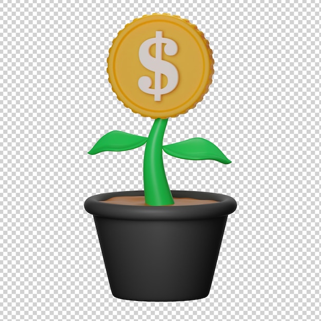 Ilustração 3d de investimento de planta de dinheiro
