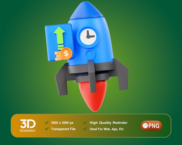 PSD ilustração 3d de lançamento de foguete gerenciamento de tempo 3d