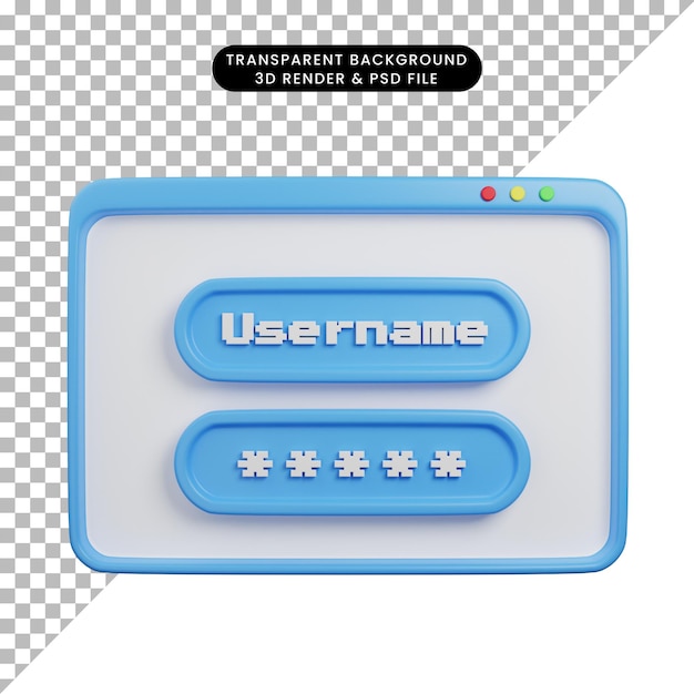 Ilustração 3d de login de segurança 3d renderização página de destino da web