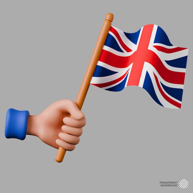 Ilustração 3D de mão segurando a bandeira do Reino Unido