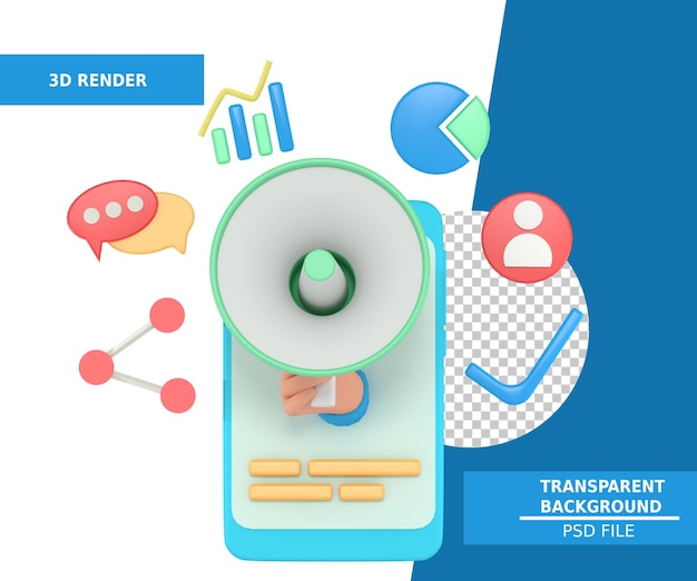 ilustração 3D de marketing de negócios com alto-falante de campanha no telefone
