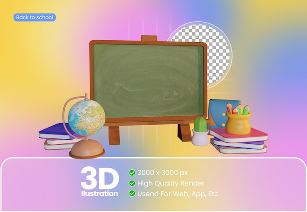 Ilustração 3d de material escolar com tema de volta às aulas