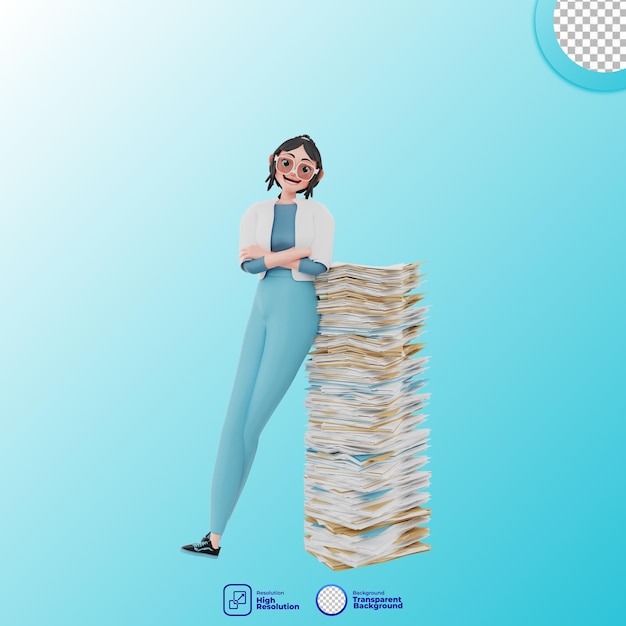 PSD ilustração 3d de menina com pilha de arquivos