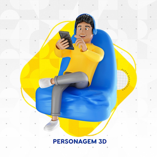 Ilustração 3d de menino sentado com smartphone ouvindo música