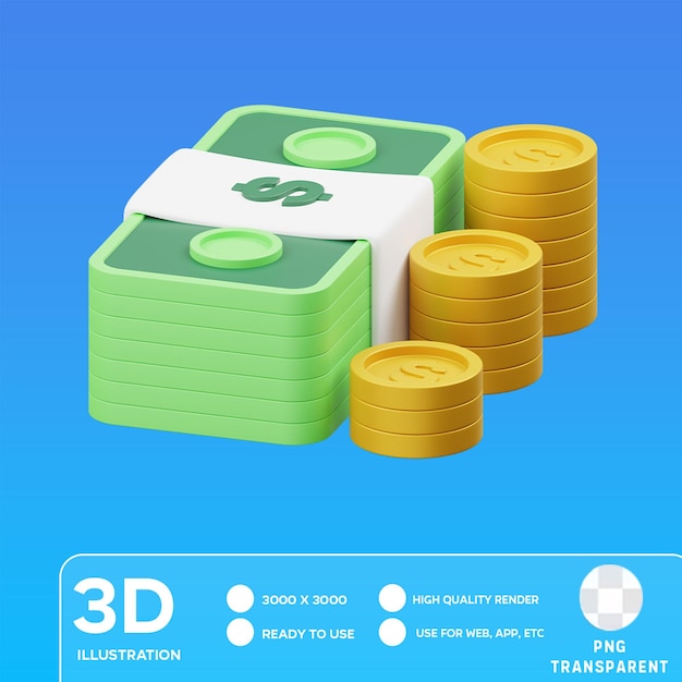 PSD ilustração 3d de moedas e dólares em psd