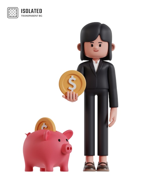 PSD ilustração 3d de mulher de negócios de desenho animado segurando moedas está economizando no cofrinho