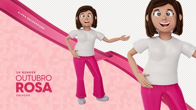 Ilustração 3d de mulher isolada para composição de campanha de outubro rosa