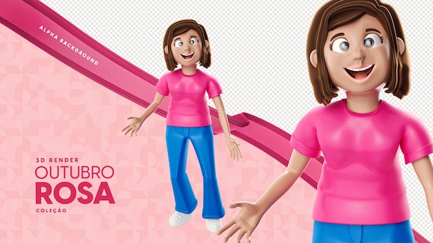 ilustração 3D de mulher isolada para composição de campanha de outubro rosa