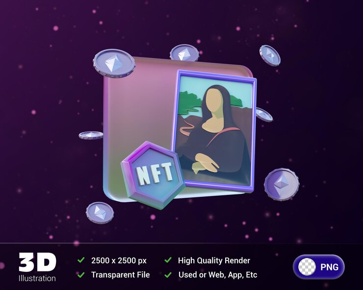 PSD ilustração 3d de nft e monalisa em fundo roxo de glassmorphism