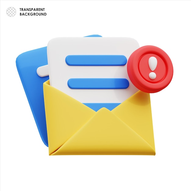 PSD ilustração 3d de notificação de e-mail com alerta de mensagem importante