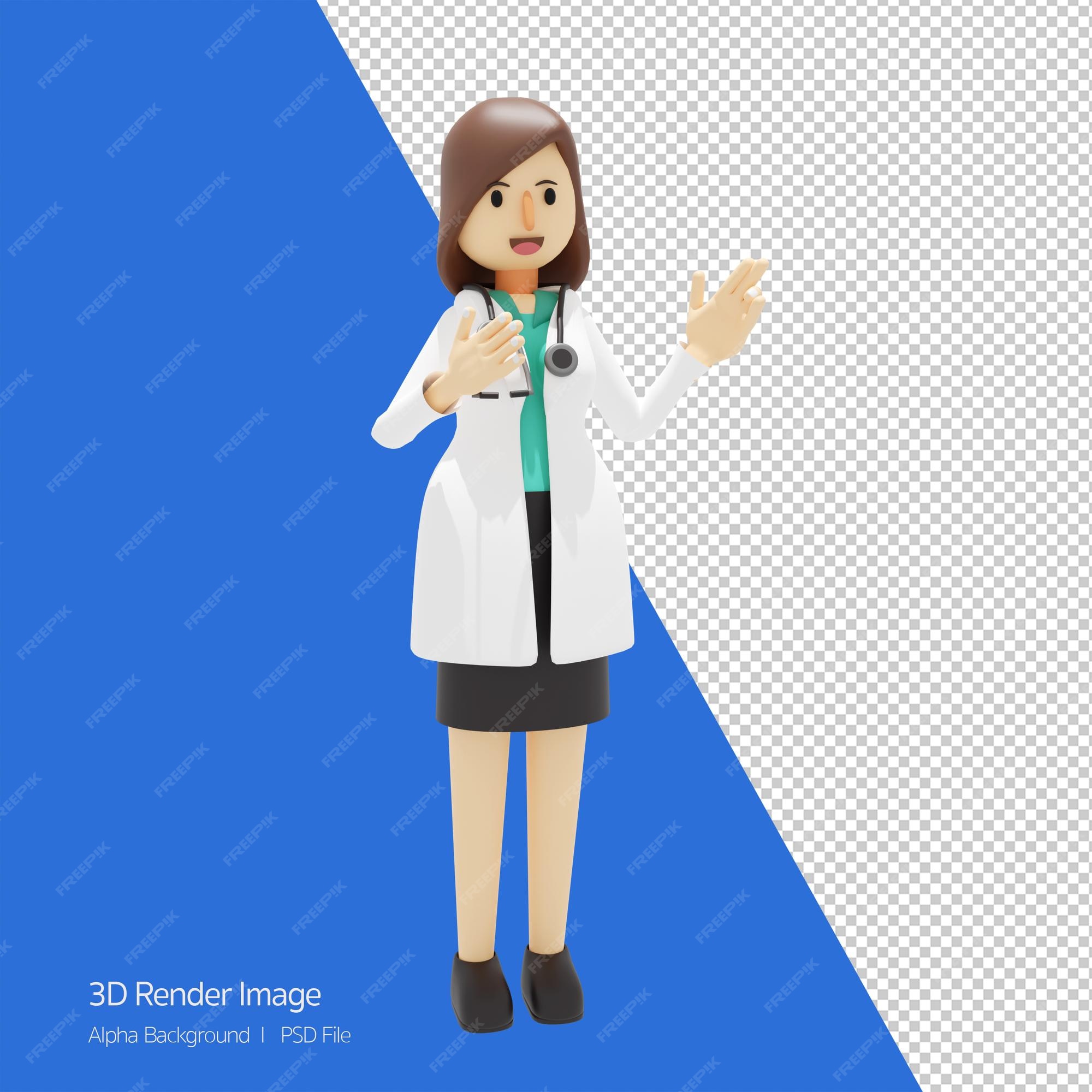 Ilustração 3d de personagem de desenho animado de um sorriso feliz médico  feminino segurando está dando recomendaçãoconceito de ilustração de clínica  hospitalar médica