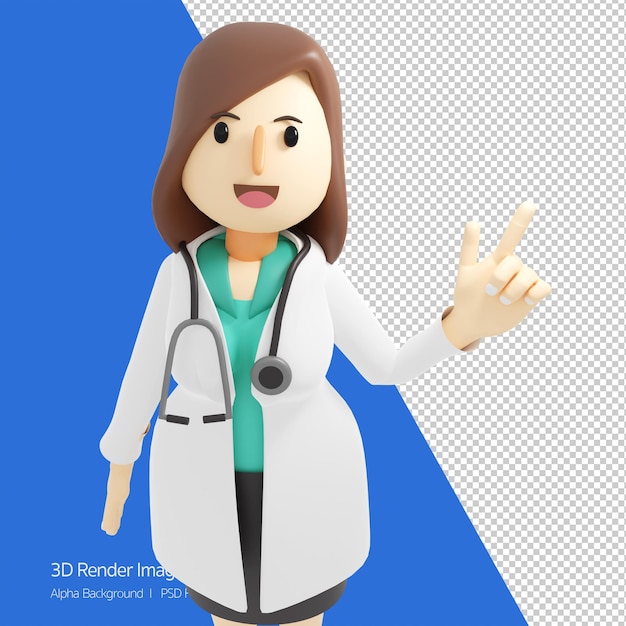 Ilustração 3d de personagem de desenho animado de um sorriso feliz médico feminino segurando está dando recomendaçãoconceito de ilustração de clínica hospitalar médica