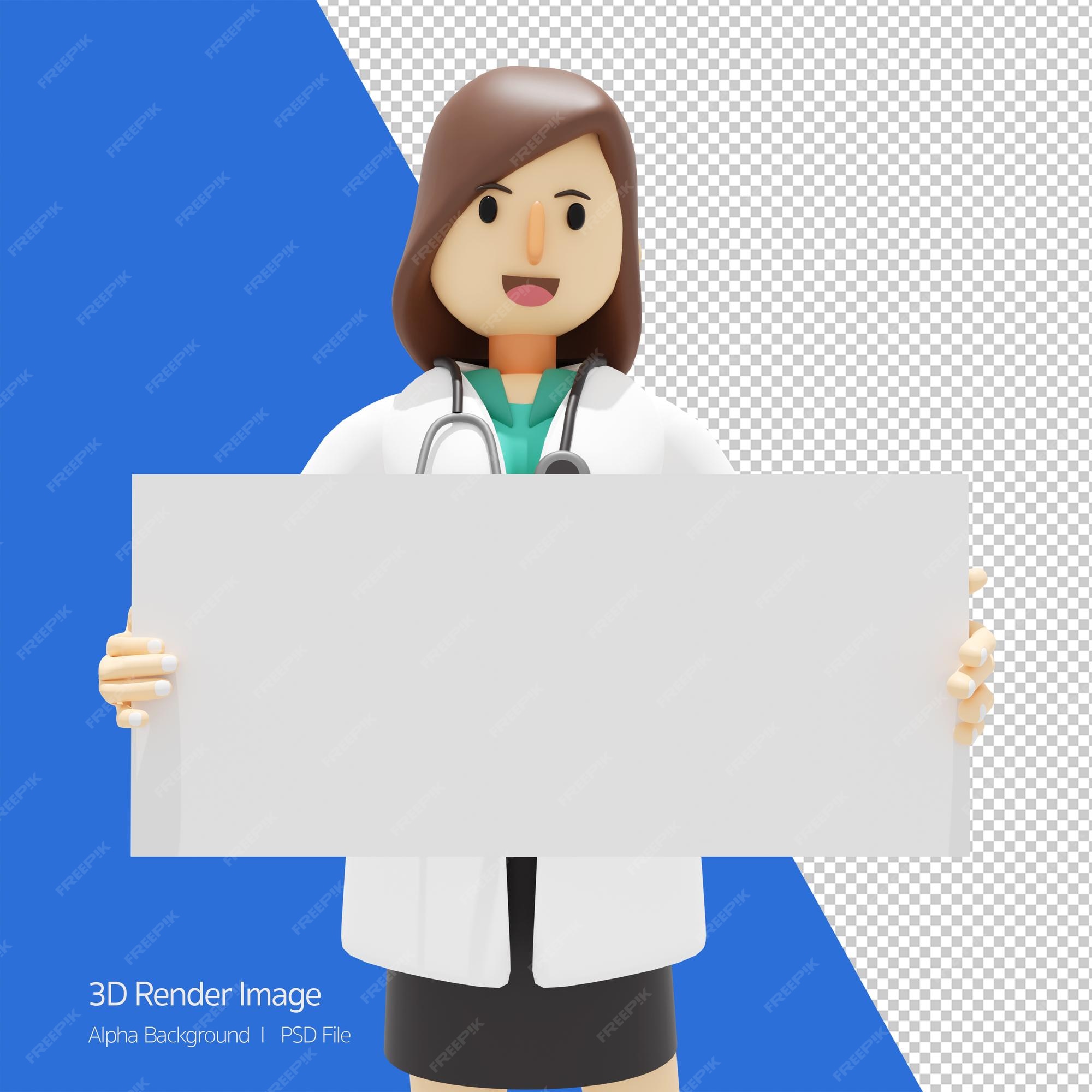 Ilustração 3d de personagem de desenho animado de um sorriso feliz médico  feminino segurando está dando recomendaçãoconceito de ilustração de clínica  hospitalar médica