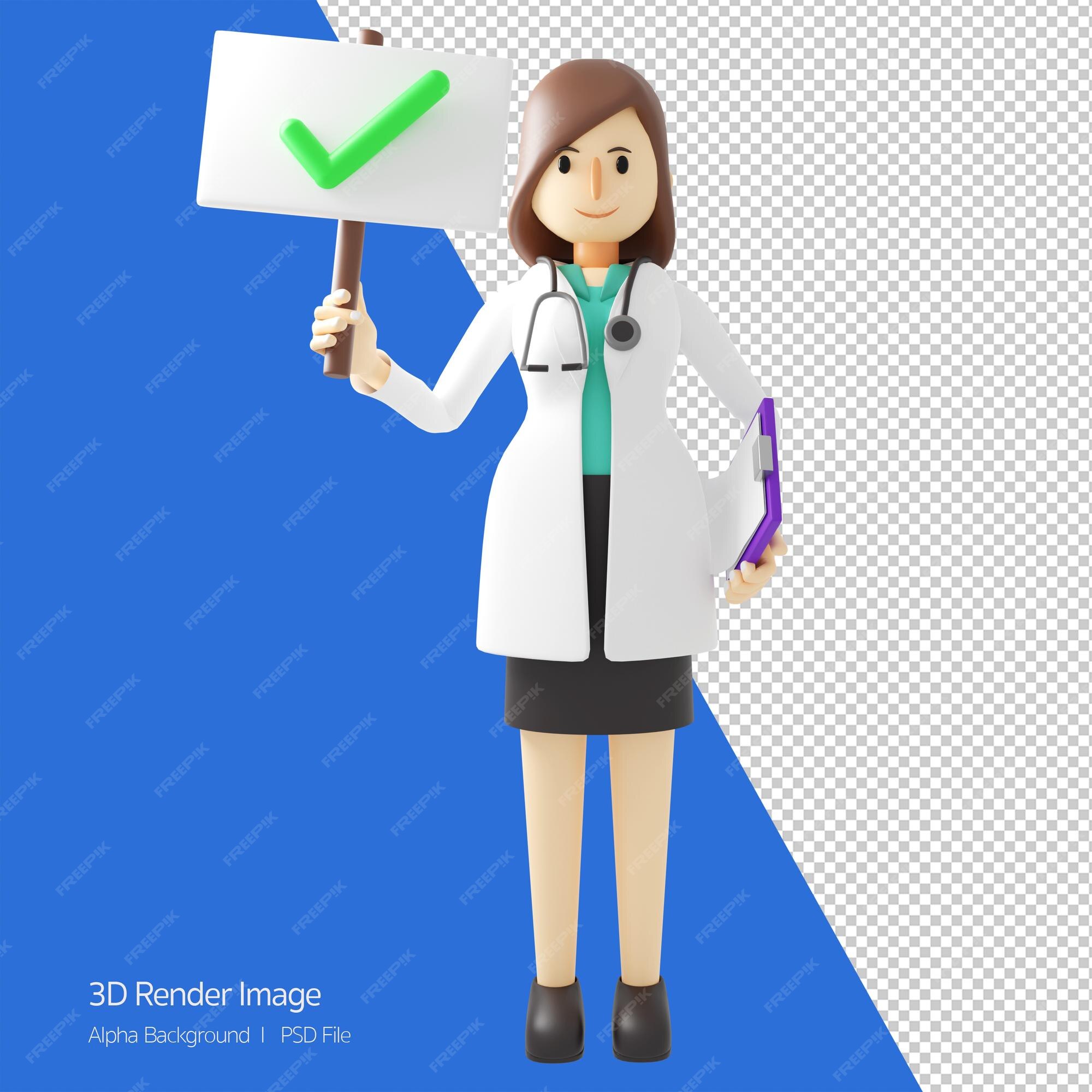 Ilustração 3d de personagem de desenho animado de um sorriso feliz médico  feminino segurando está dando recomendaçãoconceito de ilustração de clínica  hospitalar médica