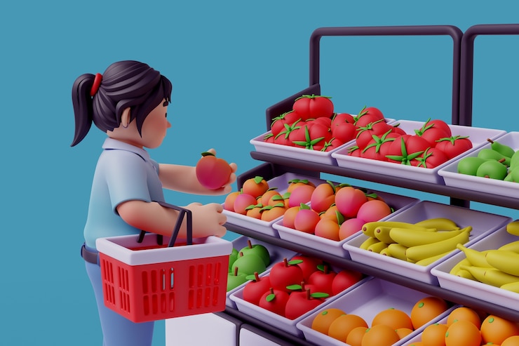 PSD ilustração 3d de personagem feminina no supermercado