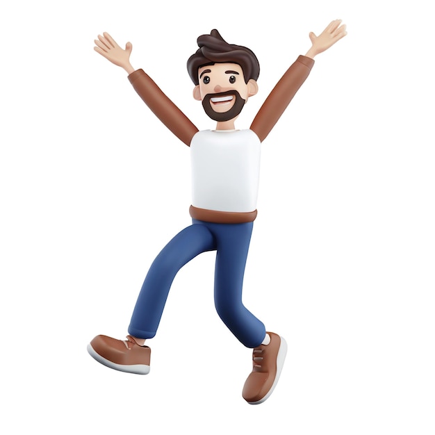 Ilustração 3d de personagem masculino feliz pulando fundo transparente