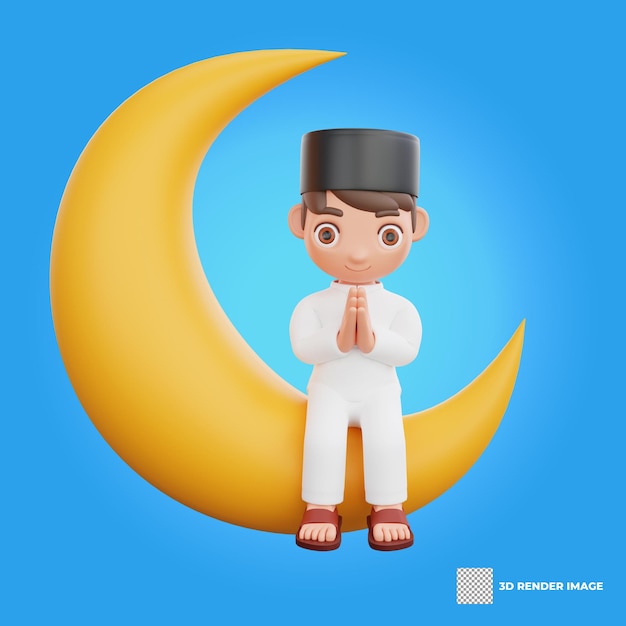 Ilustração 3D de personagem muçulmano com o gesto de Salam sentado na lua crescente