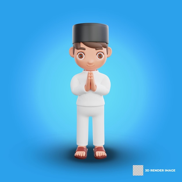 Ilustração 3D de personagem muçulmano com o gesto de Salam