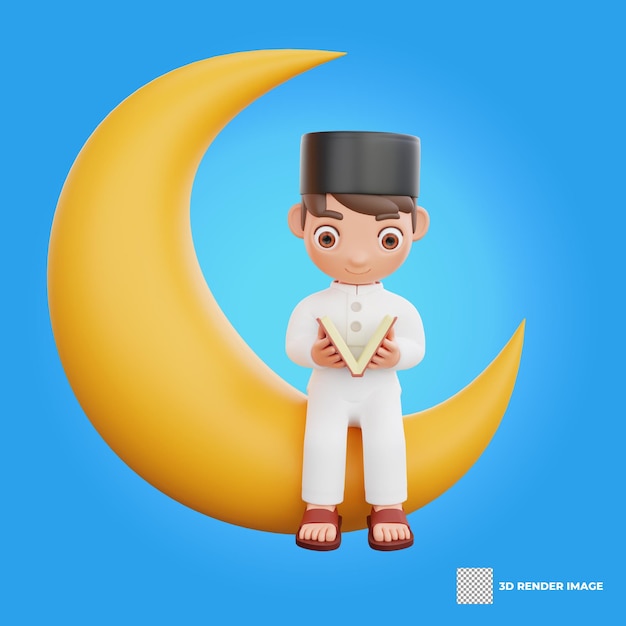 Ilustração 3D de personagem muçulmano lendo o Alcorão sentado na lua