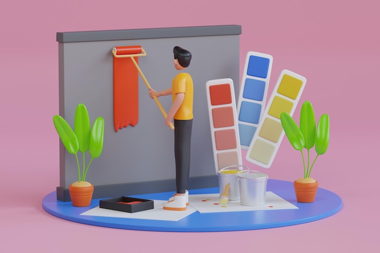 PSD ilustração 3d de pintor profissional pintando uma parede homem pintando parede com rolo